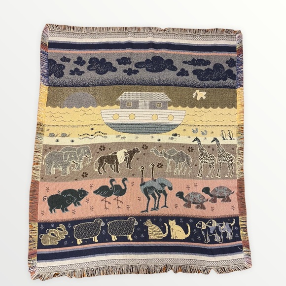 Noahs Ark Woven Throw Blanket Tapestry with Fringe - Picture 2 of 4